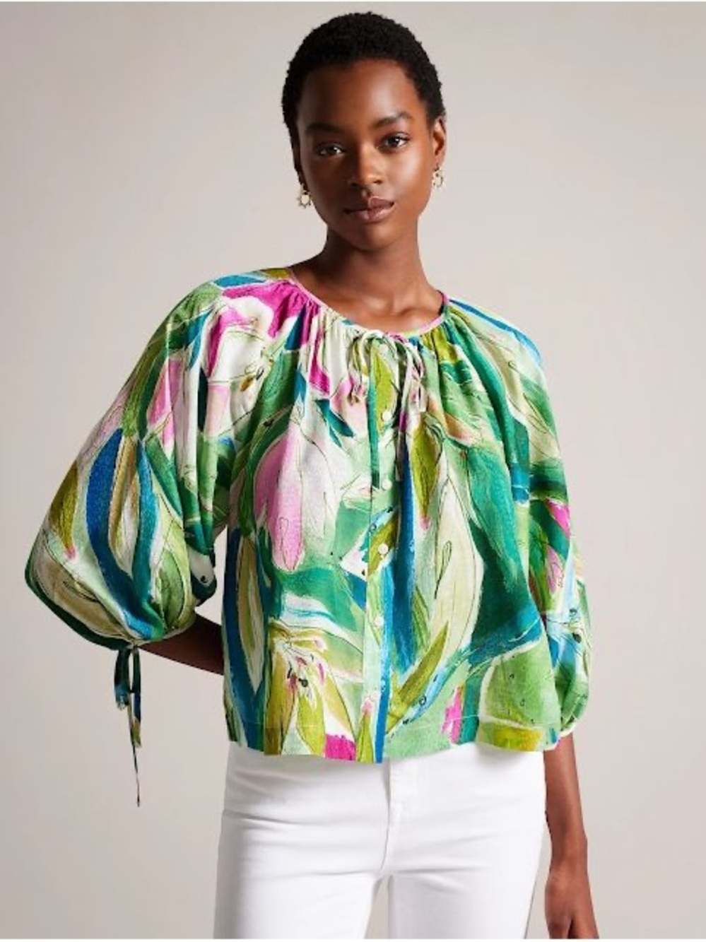 NWT Ted Baker Karisah Raglan Puff Sleeve Blouse Floral Green Pink Sz. 2 (Small)